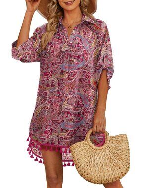 👑 Women's Cashew Flower Red Tassel Beach Swimwear Bathing Suit Shirt Dress
